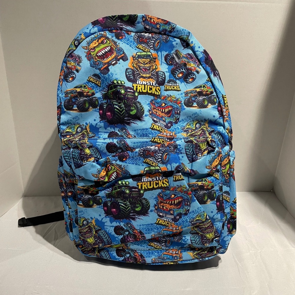Monster‎ Trucks Kids Backpack Blue All Over Print School Bag with Side Pockets